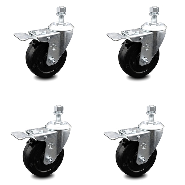 4 Inch Soft Rubber Wheel Swivel 12mm Stem Caster Set with Total Lock Brake